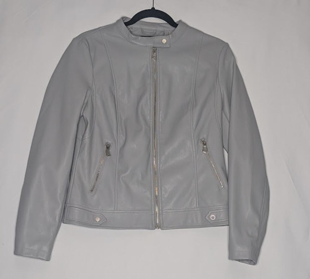 KELREBEC Womens grey feux leather jacket Large futuristic bikercore glam NWOT